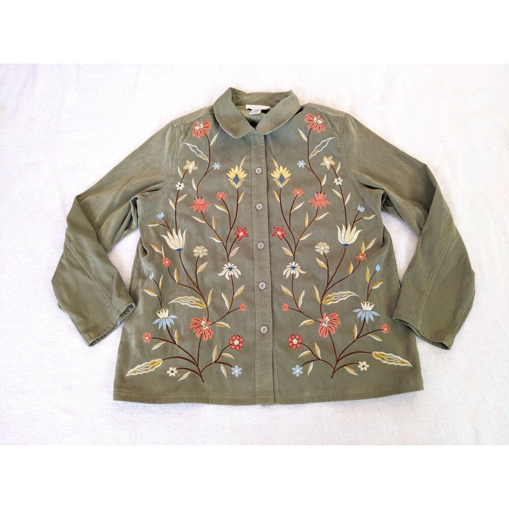 Susan Graver Green Floral Embroidered Print Long Sleeve Shirt Size Medium Women